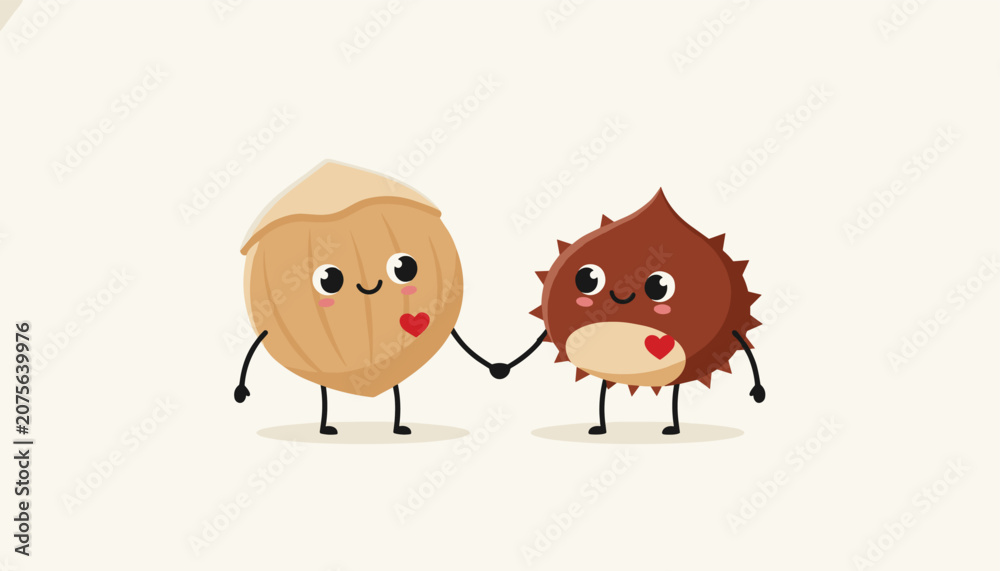 Fototapeta premium Two cute cartoon nuts with smiling faces and red heart patches on their chests holding hands in a sweet friendly gesture.
