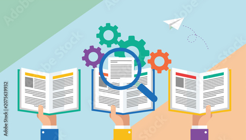 Hands holding open books with a large magnifying glass inspecting a document while colorful mechanical gears spin in the background.