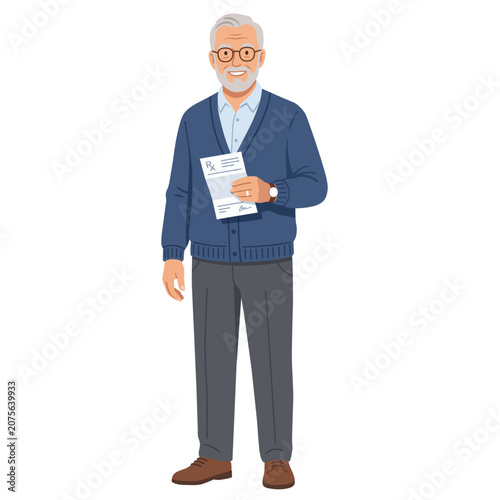 Smiling senior man with gray beard and glasses standing holding medical prescription paper wearing blue cardigan flat vector illustration
