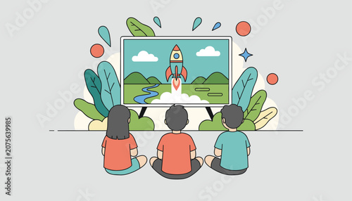 Three children sitting on the floor in front of a television watching a cartoon of a rocket launching into space in a cozy room.