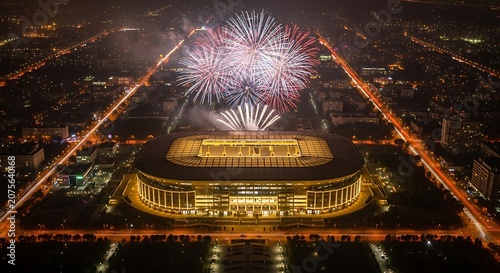 Nighttime aerial view of stadium with fireworks display during sports event
