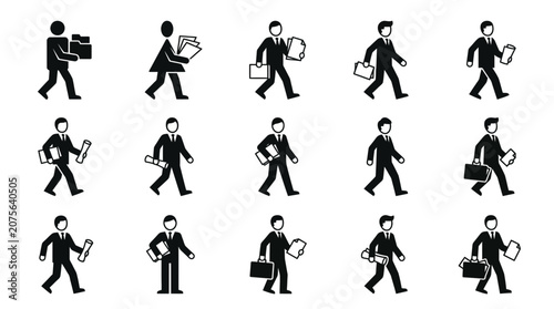 Business People Icons: Walking Men with Briefcases, Files, and Boxes