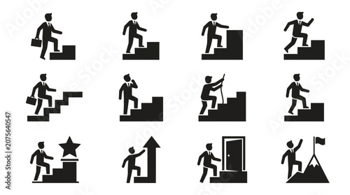 Businessmen climbing stairs, achieving goals, reaching success, career growth, icons set