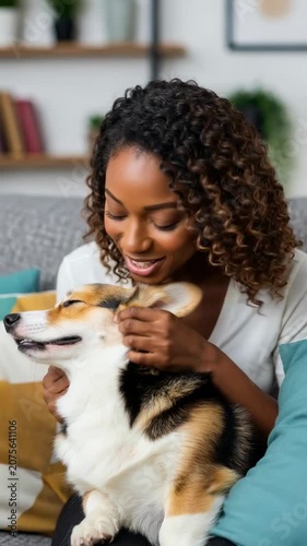 Smiling woman cuddling a corgi on a cozy couch, affectionate pet interaction and joyful moments at home lifestyle scene