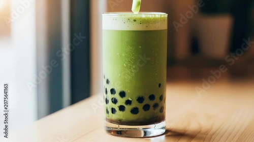Iced matcha bubble tea with black tapioca pearls in a tall glass on a wooden table, closeup sequence showing condensation and subtle motion