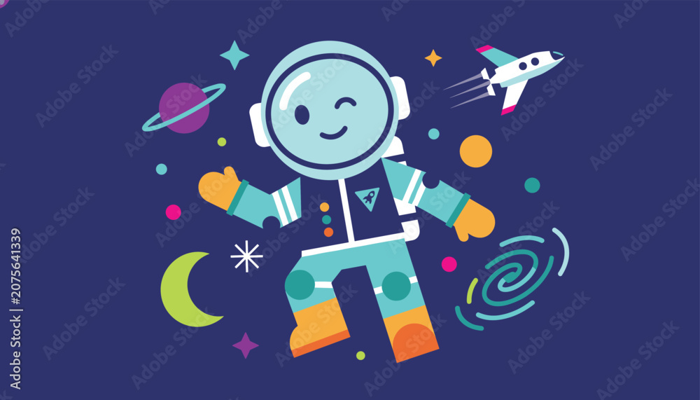 Naklejka premium Astronaut character floating in space surrounded by planets stars and a spaceship in a fun and colorful cosmic adventure illustration.