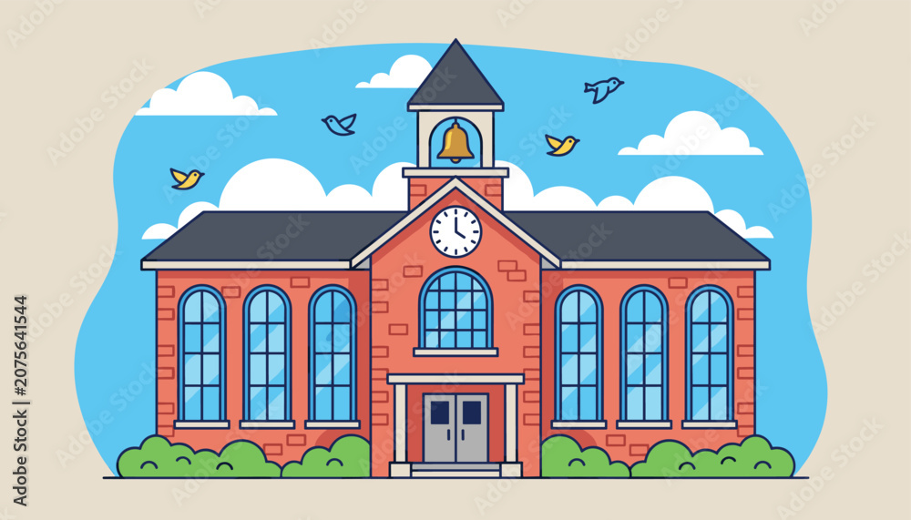 Fototapeta premium Classic brick school building with a clock tower and a school bell surrounded by greenery and birds flying in a bright sky.