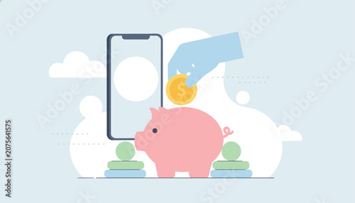 Human hand depositing a gold coin into a piggy bank next to a smartphone symbolizing digital savings and financial management.