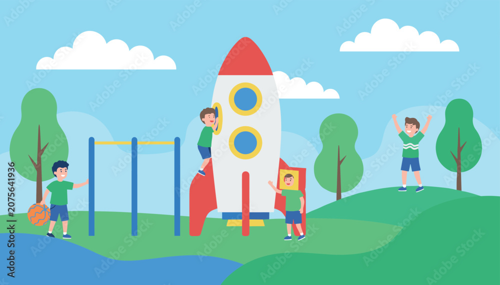 Fototapeta premium Group of children playing around a space rocket at a playground in a bright park showing imagination and outdoor fun in a natural setting.