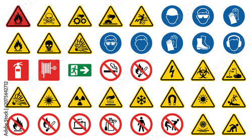 Collection of Various Safety and Warning Signs and Symbols.