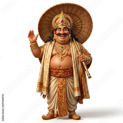 Cheerful 3D illustration of King Mahabali wearing traditional Kerala attire and golden jewelry holding a wooden umbrella for festive Onam celebration on a white background.