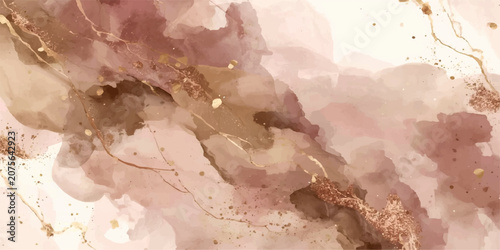 Foto Ethereal Cloudscape Abstract ethereal watercolor and ink abstract, featuring delicate washes of rose and blush hues interwoven with shimmering gold accents