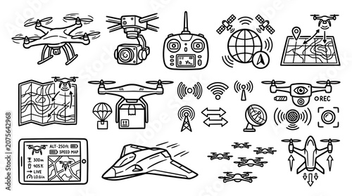 Drones fly over a control room with various technology and maps on display