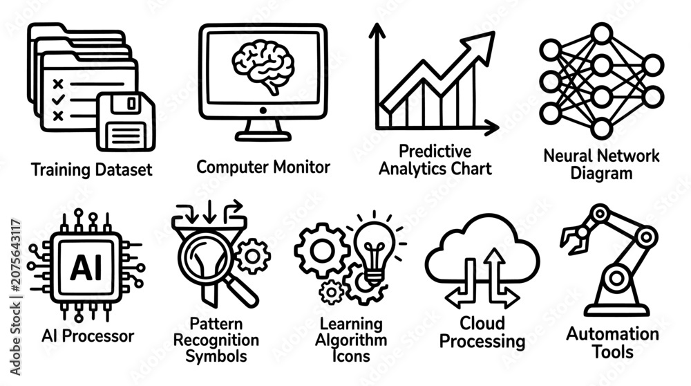 Fototapeta premium A computer monitor displays a predictive analytics chart with neural network diagram and AI processor icons, surrounded by automation tools and learning algorithm symbols.