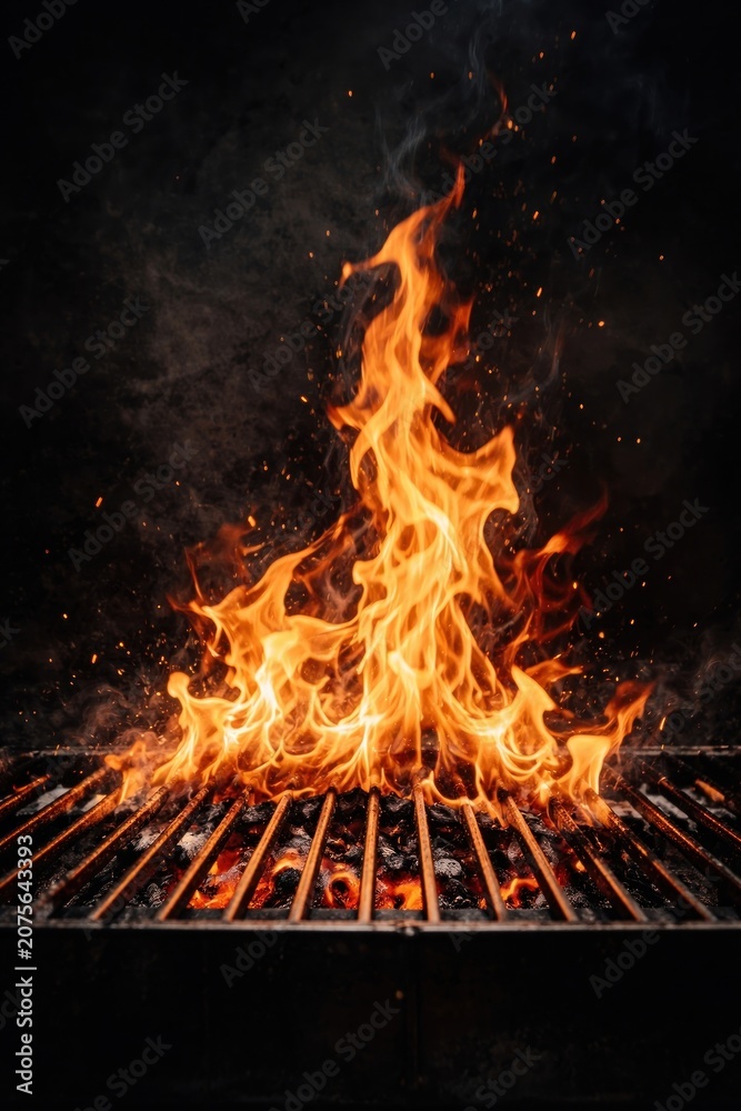 Fototapeta premium Vibrant flames over barbecue grill.
