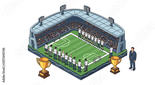 Aerial view of a vibrant soccer stadium with players and trophies.