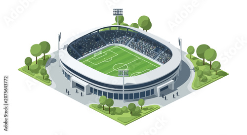 Aerial view of a vibrant soccer stadium surrounded by trees.