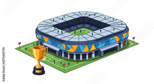 Large stadium with trophy on green field.