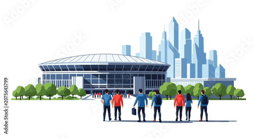Group of People Standing Outside Modern Stadium with City Skyline.