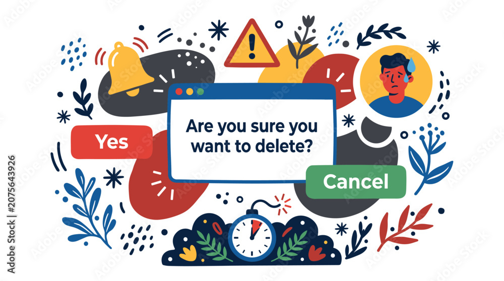 Fototapeta premium User confirmation and alert design icons with warning sign, clock and buttons for software interface presentation in flat colorful style