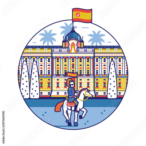 Madrid Royal Palace Circle Icon in Line Art