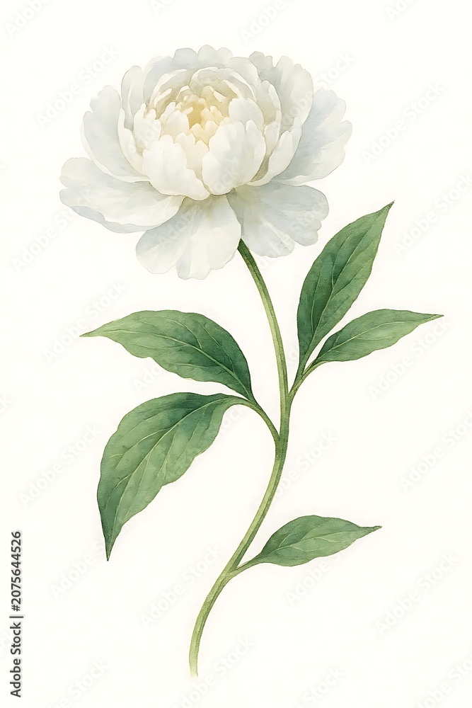 Fototapeta premium White Peony Flower Blooming with Green Leaves on White Background