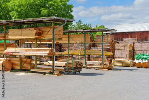 Commercial Wood Storage and Timber Stacks in Outdoor Lumber Yard
