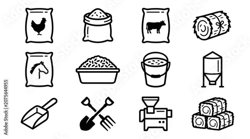 Farm Feed Icons: Bags, Hay Bales, Scoop, Silo, Grain Mill, Bucket