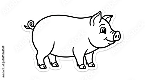 Cute cartoon pig illustration, simple outline drawing, isolated on white background