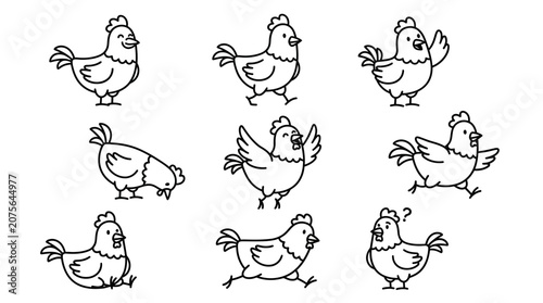 Cute cartoon chickens in various poses, hand-drawn line art, isolated on white background.
