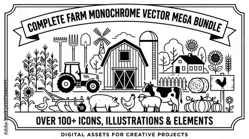 Farm Life Monochrome Vector Mega Bundle: Illustrations & Icons for Creative Projects