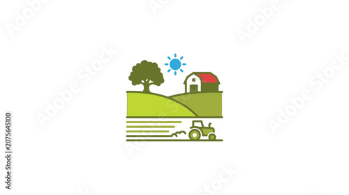 Farming Landscape Icon: Tractor Cultivating Field with Barn, Tree, and Sun