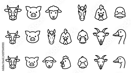 Farm Animal Icons Set: Cow, Pig, Sheep, Horse, Chicken, Duck, Goat - Simple Line Art