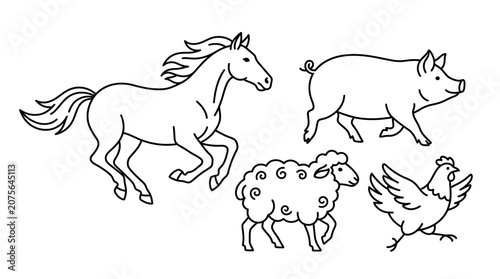 Farm Animals Line Drawing: Horse, Pig, Sheep, Chicken - Vector Illustration