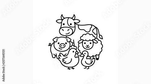 Cute Farm Animals Circle Illustration - Cow, Pig, Sheep, Chicken, Duck