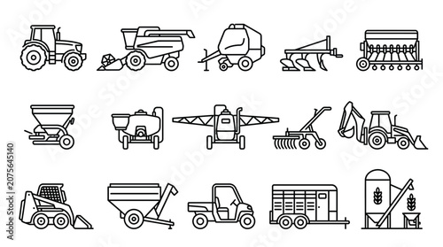 Collection of Farm Equipment Icons: Tractor, Harvester, Plow, Planter, Sprayer, Excavator