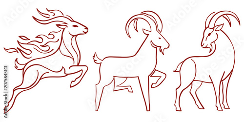 Collection of doodle goat and ibex line art illustrations. Set of stylized goat icons. Minimalist line art set of mountain goats and mythical flaming goat. Vector goats in different poses