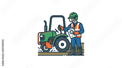 Farmer in safety gear with tractor and checklist, rural agricultural work concept illustration