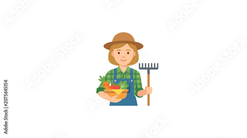 Happy Farmer Woman Holding Basket of Fresh Vegetables and Garden Rake