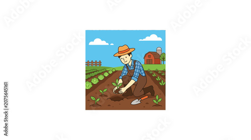 Farmer planting seedlings in a field with a barn and crops