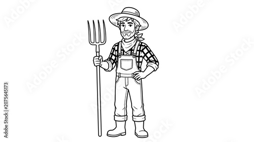 Farmer with Pitchfork, Cartoon Character, Rural Life, Agriculture, Black and White Drawing