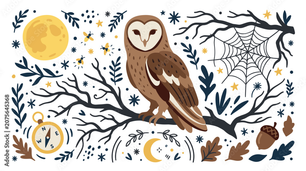 Obraz premium Nature and wildlife concept icons with owl, moon and spider web for infographic design in doodle style