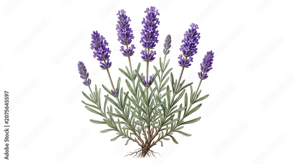 Fototapeta premium Lavender Plant Illustration with Purple Flowers and Green Leaves on White Background