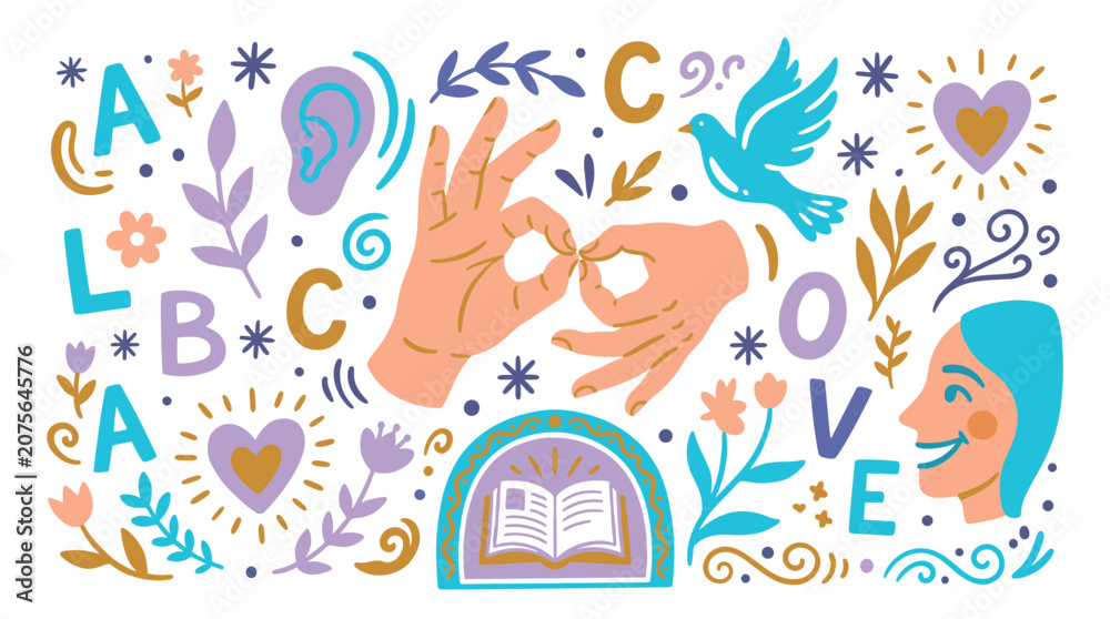 Naklejka premium Communication and learning concept icons with hands, doves and letters for mobile app design in vibrant illustration