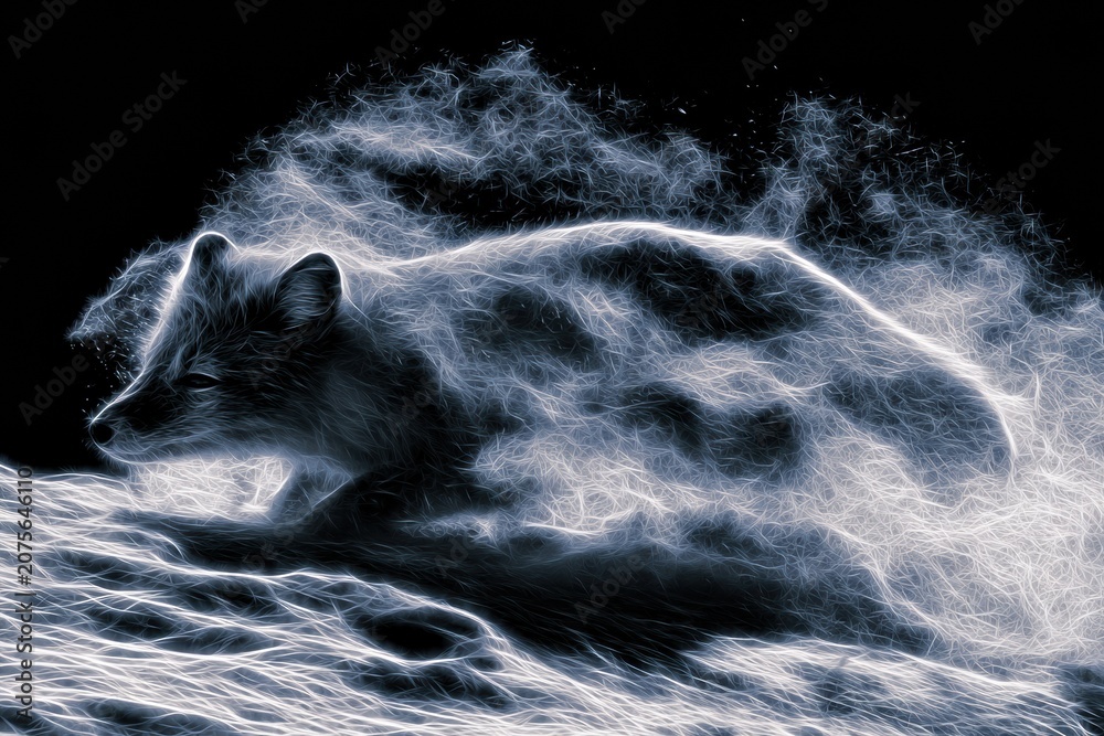Fototapeta premium Arctic fox makes a sudden leap into snow, chasing its prey, with a glowing outline highlighting its movement in a dark setting filled with snow dust