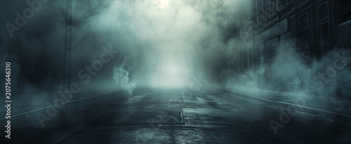 Mysterious atmospheric view of an empty wet urban street covered in thick fog at night with soft distant light sources