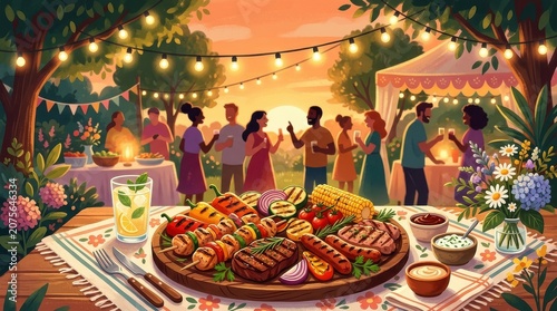 Grilled meat skewers and vegetables on a wooden platter at a garden party with friends, summer outdoor dinner gathering, social event celebration