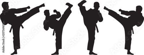 Canvas Print Karate Martial Arts High Kick Silhouette Set Isolated on White Background