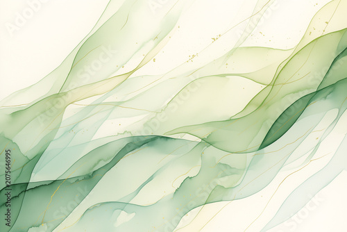 Beautiful abstract background with layers of soft green and olive watercolor fluid waves on white canvas