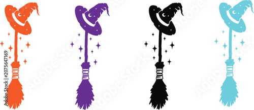 Halloween witch hat and broomstick set four vibrant color variations